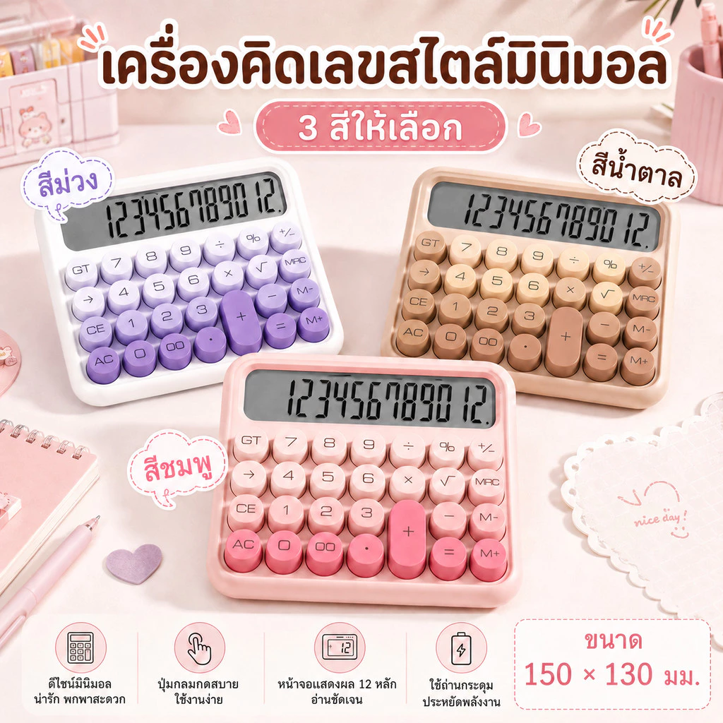 ❤เครื่องคิดเลข 12 หลัก พร้อมฟังก์ชั่นไล่ระดับสีโดปามีน หน้าจอขนาดใหญ่ น่ารักและดึงดูดใจ แป้นพิมพ์เชิงกลทรงกลม