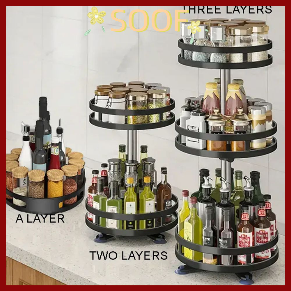 จัดส่งจากประเทศไทยSOOF Spice Rack Organizer, Multi-layer Non-Skid Kitchen Counter Storage Rack, ทนทาน 360°หมุนปรับเหล็กคาร์บอนปรุงรสถาดเก็บบ้าน