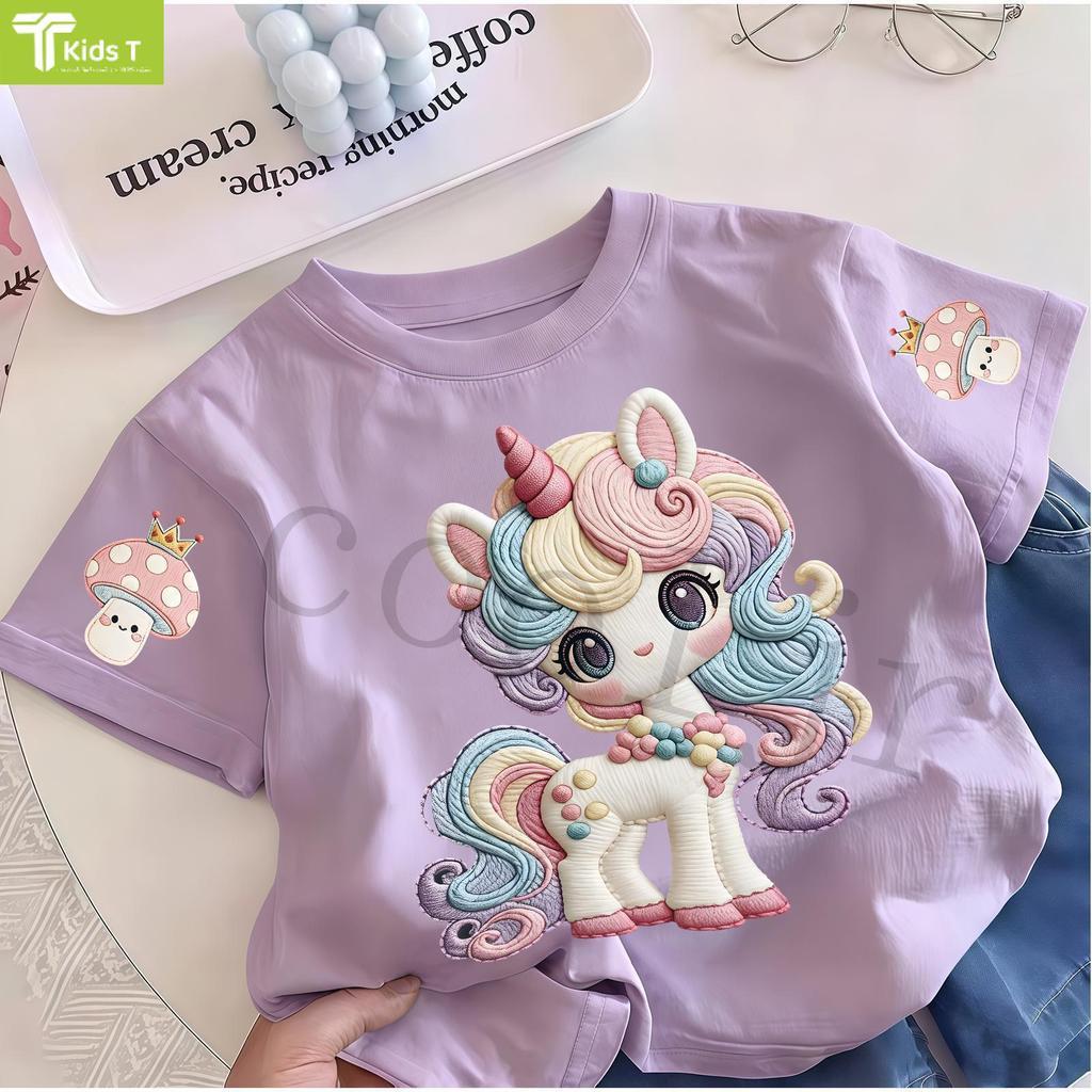 Kids T เสื้อเด็ก 100% ผ้าฝ้าย 100% พิมพ์ลายยูนิคอร์นน่ารัก แบบหลวม นุ่มสบู่ผิว เสื้อเด็กผู้ชาย เสื้อเด็กผู้หญิง