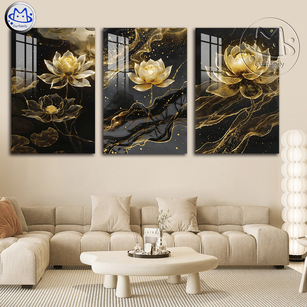 ชุดภาพตกแต่งผนังลายดอกไม้สีทอง 3 ชิ้น สไตล์มินิมอลหรู สำหรับตกแต่งห้องนั่งเล่น