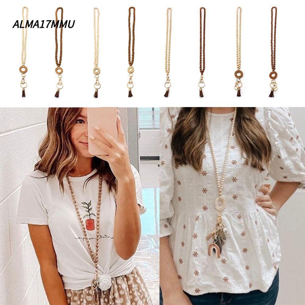 ALMA17MMU หวายลูกปัดไม้ Lanyard,ลูกปัดไม้ยาวพวงกุญแจอุปกรณ์เสริม ID Badge สร้อยคอ,สีกาแฟ Charm ของขว