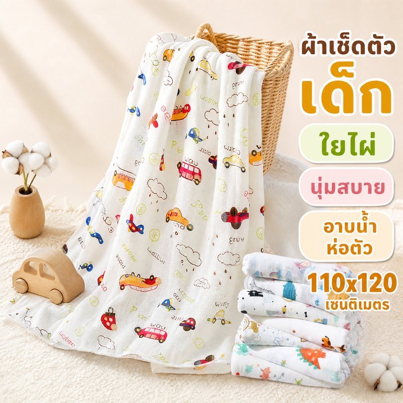 ผ้าเช็ดตัวเด็ก ผ้าห่อตัวทารก ผ้ากอซฝ้าย นุ่มซับน้ำ ลายการ์ตูน ผ้าห่มเด็กแรกเกิด อาบน้ำ
