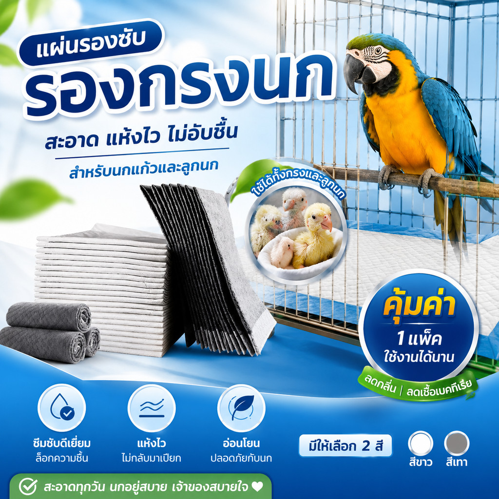 parrot.thailand แผ่นรองซับกรงนก แผ่นรองฉี่สัตว์เลี้ยง หนาพิเศษ ซึมซับไว ลดกลิ่น อ่อนโยน สำหรับนกแก้ว ลูกนก (S / M / L)