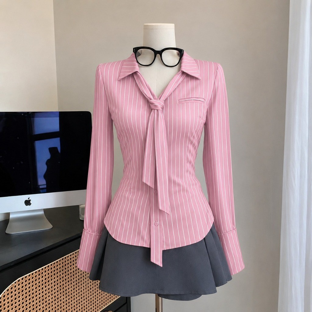 KATUN Tq88indonesia เสื้อเบลาส์แขนยาวลายทาง / YIKO SALUR Cotton Striped สไตล์เกาหลี