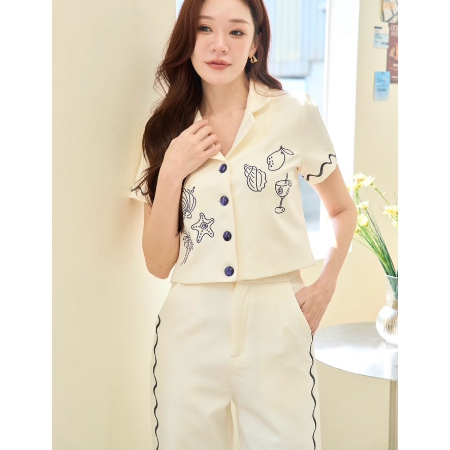ร240 พร้อมส่ง L XL  ส่วนS M รอ7วันคะ  “summer set ขายาว”🏝️☀️🏖️ชุดโทนขาวครีม งานปักลายออกแบบเองของทางร้าน