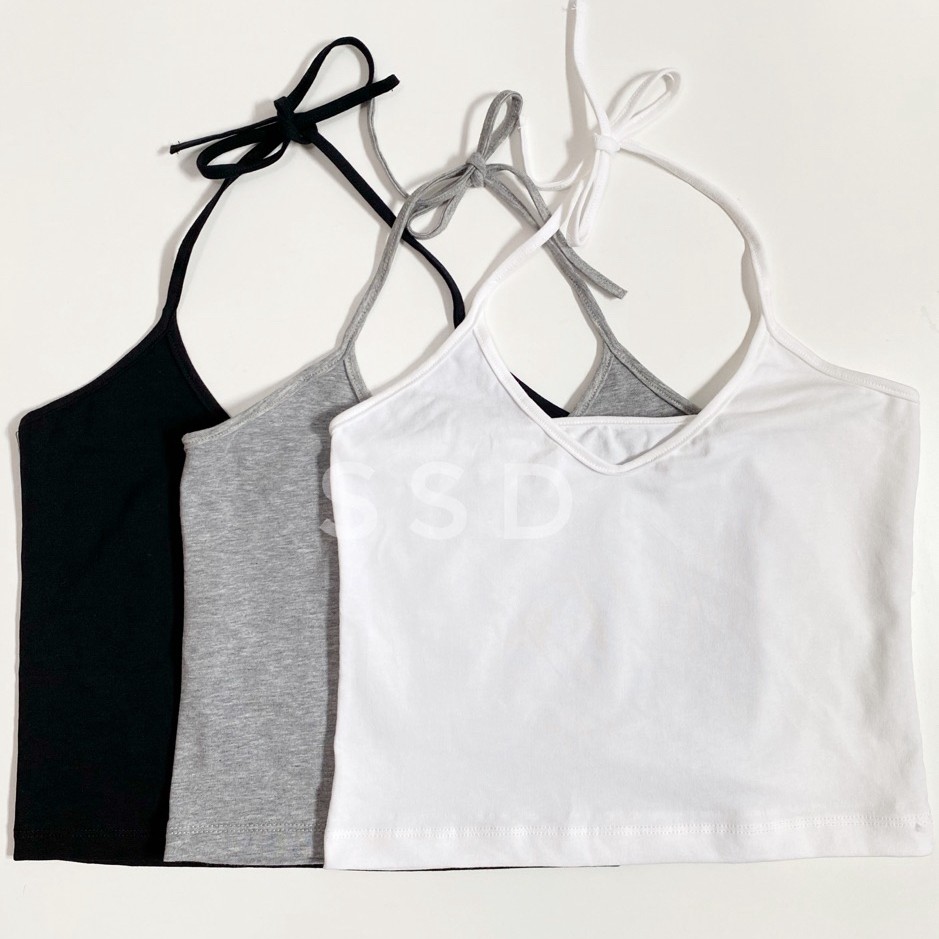 เสื้อครอปคล้องคอแบบผูกปรับระดับได้สีเบสิคสวมใส่สบาย#ssd#crop