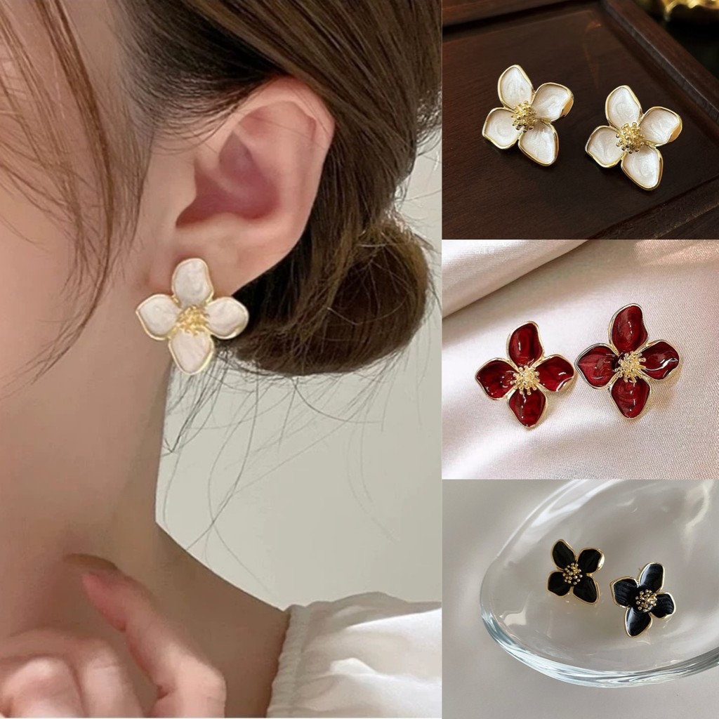 Hibiscus Dropped Glaze ดอกไม้ต่างหูผู้หญิงสาวภาษาฝรั่งเศสคํา Ins Vintage แฟชั่นเกาหลีงานแต่งงานโรแมนติกเครื่องประดับของขวัญ