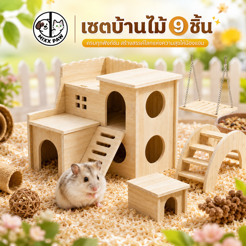 บ้านแฮมเตอร์ บ้านหนูแฮมสเตอร์วิลล่าไม้สองชั้น หนูแฮมสเตอร์ ของเล่นหนูแฮมสเตอร์ไม้ ทนต่อการกัด