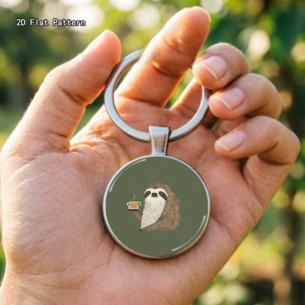 1ชิ้นยิ้มสาม-Toed Sloth Coffeeพิมพ์พวงกุญแจโลหะผสมสังกะสี,น่ารัก Whimsical Car Key Holder,อุปกรณ์เสร