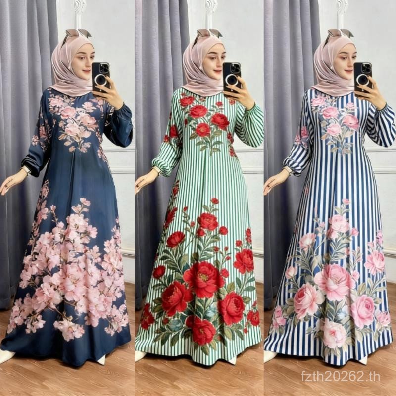 หลวมElegantมุสลิมRobe Baju Raya Baju Rayaดอกไม้พิมพ์ลายสีทึบยาวSlim-Fitผู้หญิงRobe