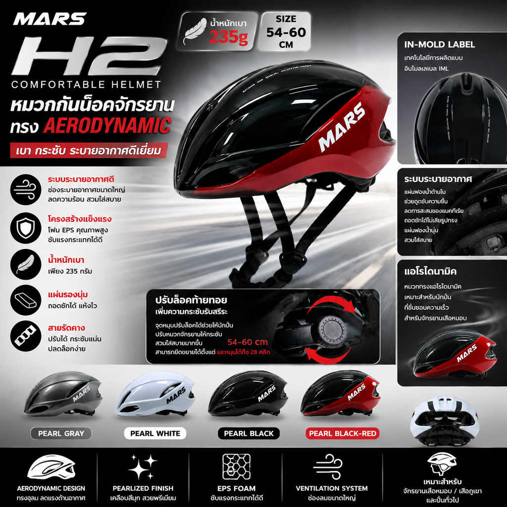 หมวกกันน็อคจักรยาน MARS รุ่น H2 ทรง Aerodynamic เคลือบสี Pearlized (ขนาด 54–60 ซม.) น้ำหนัก 235g