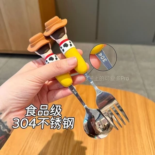 Toy Story การ์ตูนช้อนส้อมสแตนเลส 304 ช้อนส้อมเด็กนักเรียนชุดบนโต๊ะอาหารแบบพกพา MYKE