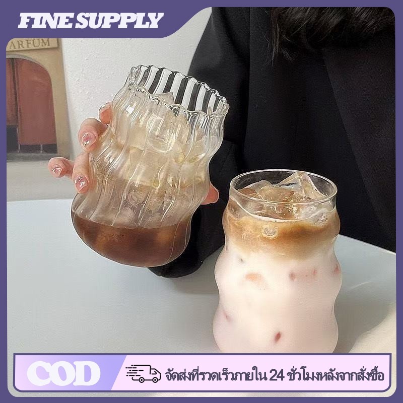 FINE 530 มล. ถ้วยแก้วกาแฟคาเฟ่ สไตล์เกาหลี ทรงกลม ลายตรงแก้วใส บอโลซิลิเกต ทนความร้อน ดื่มนมชา