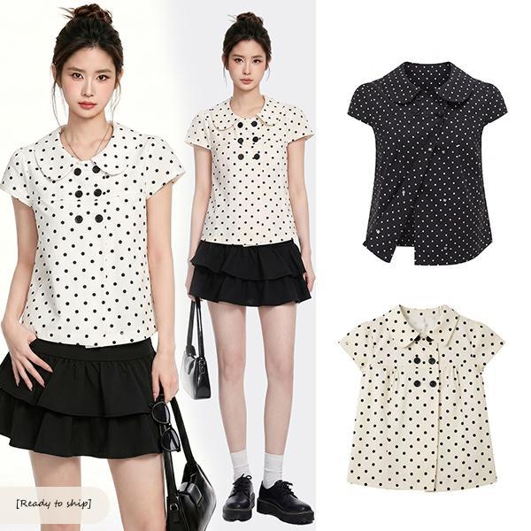 mimi&didi-เสื้อเชิ้ตแขนสั้นคอปกปีเตอร์แพนลายจุดสำหรับฤดูร้อน เนื้อผ้าบางเบา หวานน่ารัก ทรงกระดุมสองแถว -99471