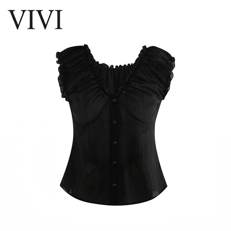 VIVIเสื้อแขนกุดคอวี สีน้ําตาล ไซส์ S-XL ผ้าวิสคอสลายทาง นุ่ม สบายผิว กระโปรงแต่งปลายแขนคลุมไหล่ ทีที