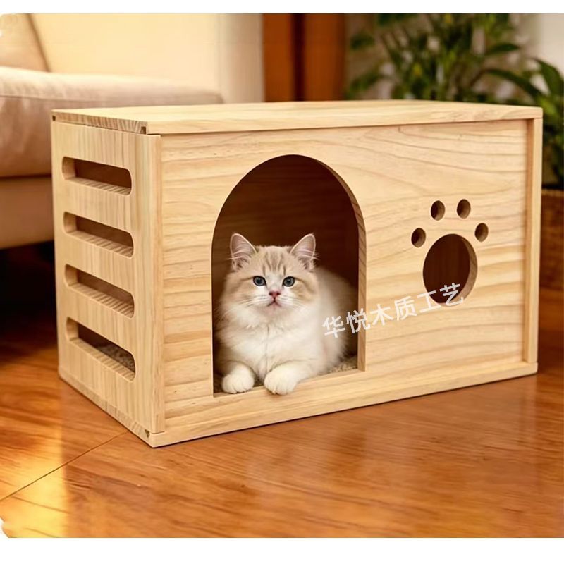 木质猫狗窝宠物房子封闭式镂空通风大号猫屋四季通用宠物睡窝别墅5/21 Wooden cat and dog house, enclosed, hollowed-out, ventilated, lar