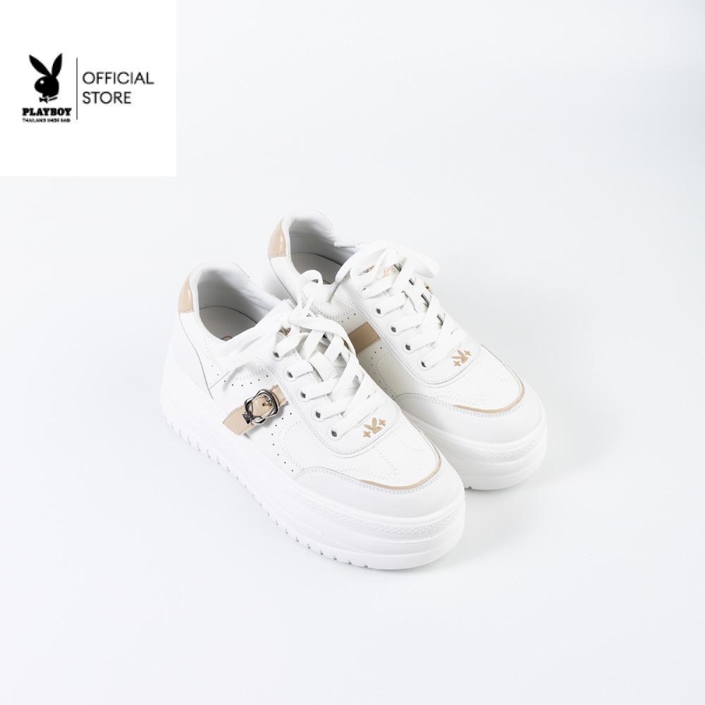 PLAYBOY รุ่น Rika Sneakers รองเท้าผ้าใบ รหัส ST-H262C1252-WH(ควร+1ไซส์) ดีไซน์แต่งสายคาดเข็ม สี Latt