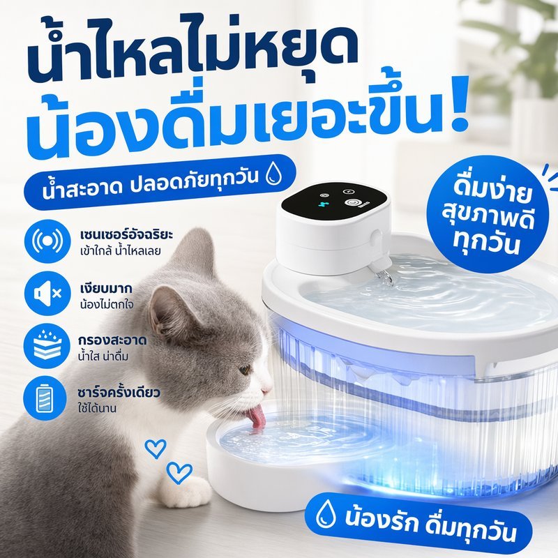 น้ำพุแมวอัตโนมัติ ไร้สาย เซ็นเซอร์แมว เครื่องให้น้ำแมว กรองน้ำ 5ชั้น ยูวีฆ่าเชื้อ จุน้ำ 3ลิตร