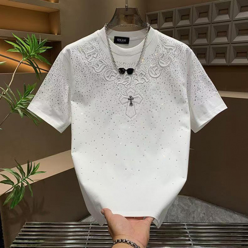 เสื้อยืดผู้ชายแขนสั้นด้านบนสามมิติโกธิคปกโลหะข้ามเจาะร้อนหัตถกรรมระบายอากาศผ้าฝ้าย ขวด