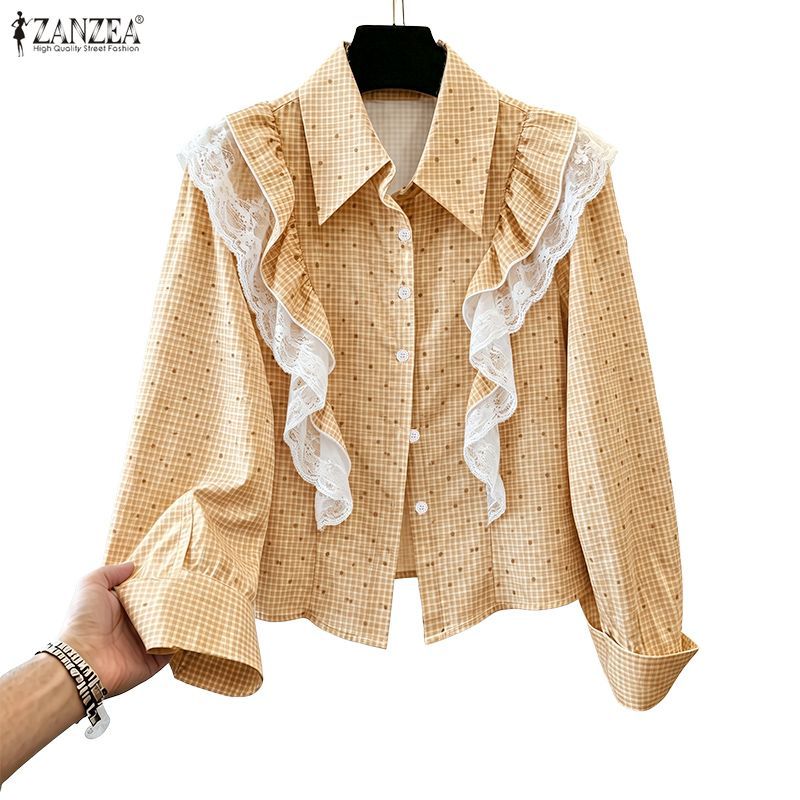 ZANZEA ซานเซีย ผู้หญิงแฟชั่นเกาหลีลําลองคอปกแขนยาวทรงหลวมลายสก๊อตลูกไม้ตัดเสื้อคาร์ดิแกน