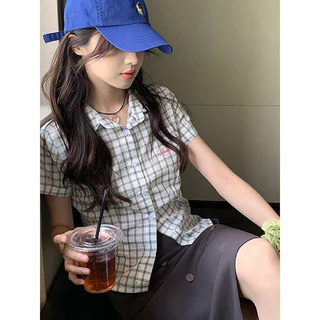 Dahong 💖w711 เวอร์ชั่นเกาหลี เสื้อแขนสั้น เสื้อเชิ้ตแขนสั้นลําลอง ลายสก๊อต รุ่นใหม่ สไตล์แฟชั่น สําหรับผู้หญิง ไซซ์