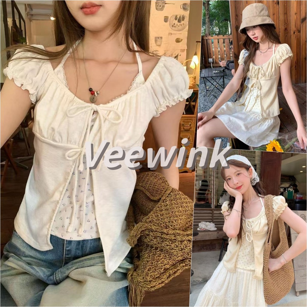 Veewink เสื้อยืดแขนพอง ผูกคอ ลายดอกไม้ ลูกไม้ระบาย ลุคใสเซ็กซี่ สาวหวาน