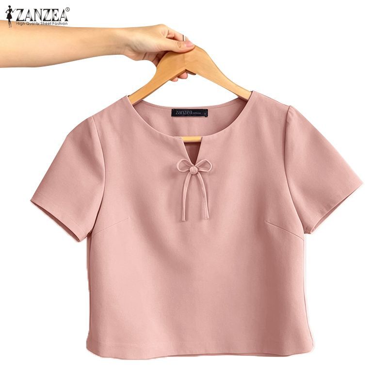 ZANZEA ใส่ ซานเซีย ผู้หญิงสไตล์เกาหลี-ลําลองคอวีกุทัณฑ์ผูกลูกไม้ขึ้นเสื้อสีทึบหลวม
