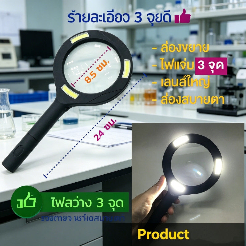 แว่นขยาย 3เท่า มีไฟLED ขยายชัดเจน ใช้อ่านหนังสือ ฉลากยา ตรวจเครื่องประดับ เหมาะผู้สูงอายุ นักเรียน