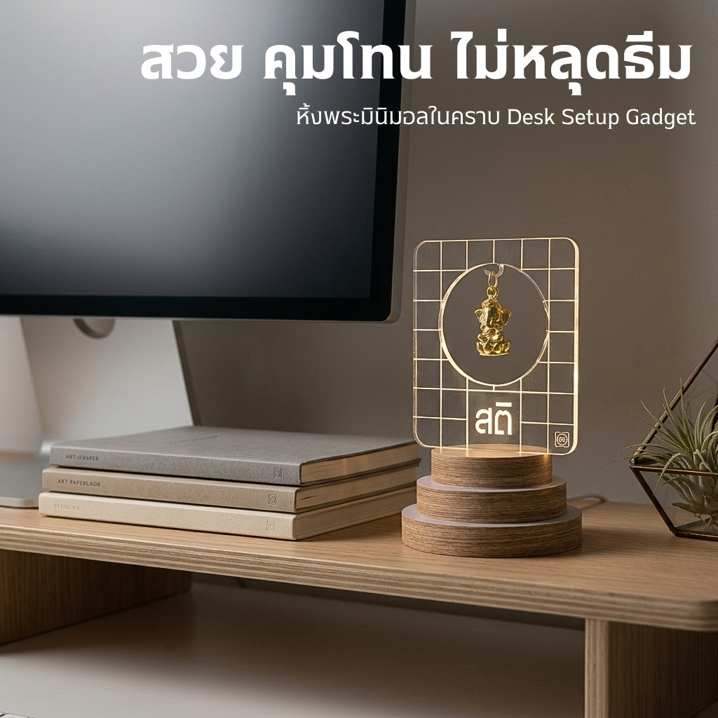 แท่นแขวนพระมินิมอล มีไฟ LED หิ้งพระอคริลิค ตั้งโต๊ะทำงาน ซุ้มพระ gadget จัดโต๊ะทำงานสายมู รุ่น MARKA