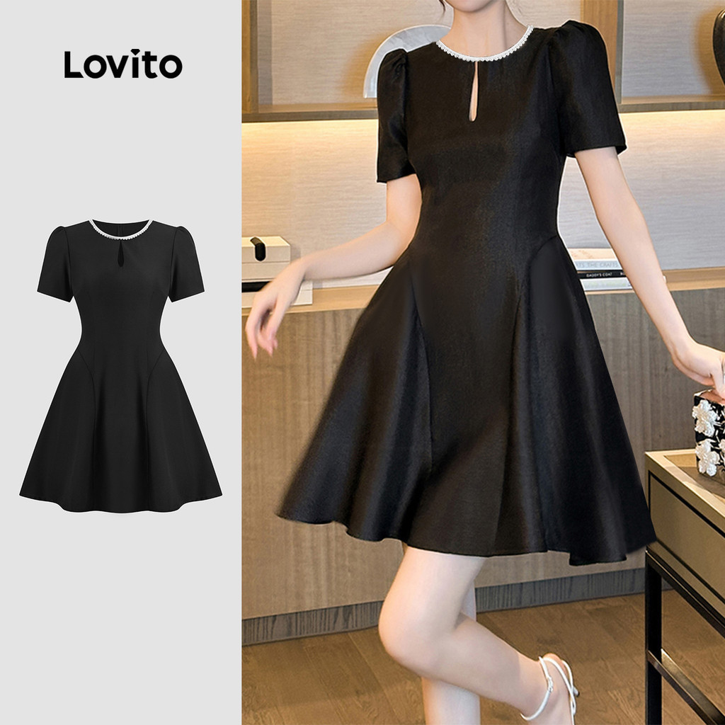 Lovito ชุดเดรสสีดำประดับไข่มุกหรูหรา สำหรับผู้หญิงในฤดูใบไม้ผลิ/ฤดูร้อน L149ED430