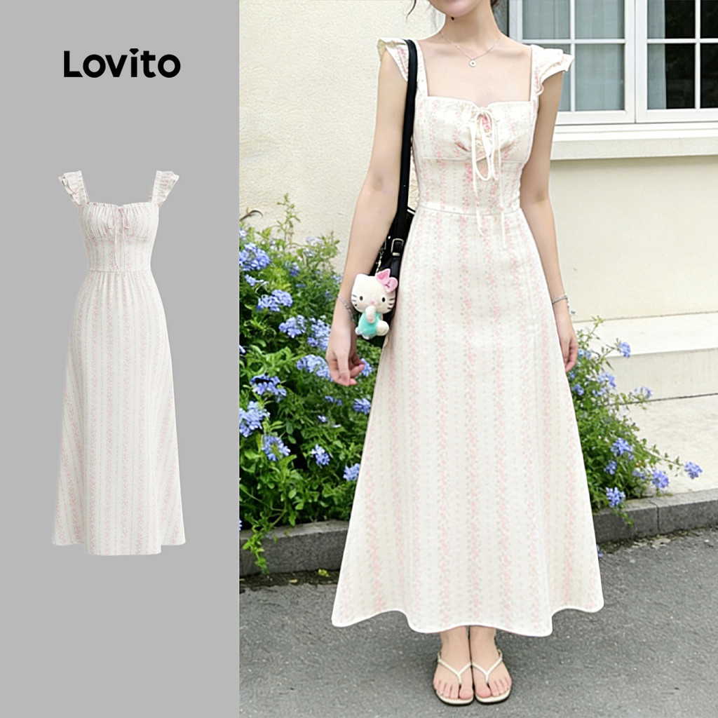 Lovito โบโฮ เดรส ลําลอง เรียบง่าย สําหรับผู้หญิง ใส่ในฤดูใบไม้ผลิ/ฤดูร้อน LK5AD705