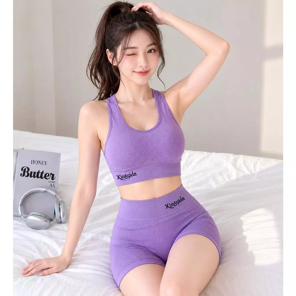 ชุดเซ็ตออกกำลังกายผู้หญิง สปอร์ตบราไร้ตะเข็บ กางเกงโยคะเอวสูง S-3XL thumbnail 5