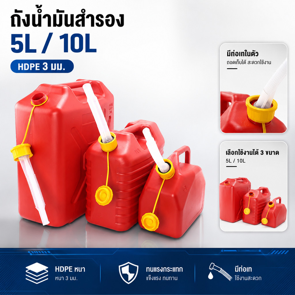 แกลลอนน้ำมันสำรอง ทนกัดกร่อน ไม่รั่วซึม พร้อมหัวฉีดขยาย สำหรับเดินทางไกล ขนาด 5 ลิตร 10 ลิตร