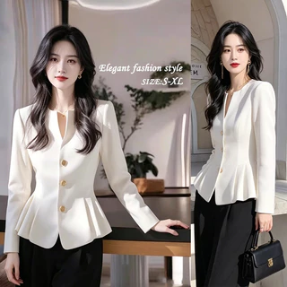 993เสื้อเชิ้ตแขนยาวฤดูใบไม้ร่วงใหม่ มีแผ่นรองไหล่ตรง ปลายกระโปรงพับลายกลีบดอก สไตล์ฝรั่งเศส รัดเอว แบบสั้น เสื้อคลุมสตรี