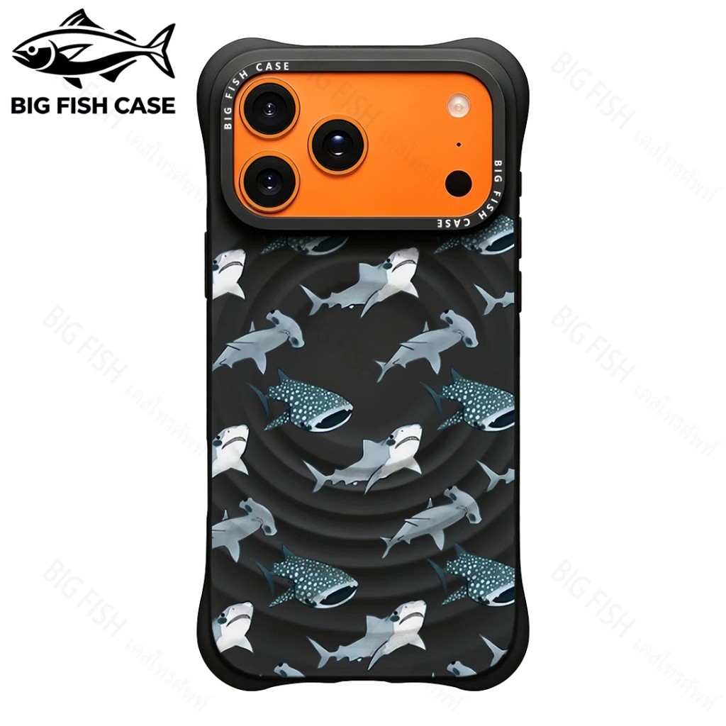 เคสไอโฟน ซิลิโคนสีดำ กันกระแทก ลายฉลามหลายชนิดแม่เหล็ก มุมหนา สำหรับ iPhone 17 16 15 14 13 12 11 Pro Max Plus