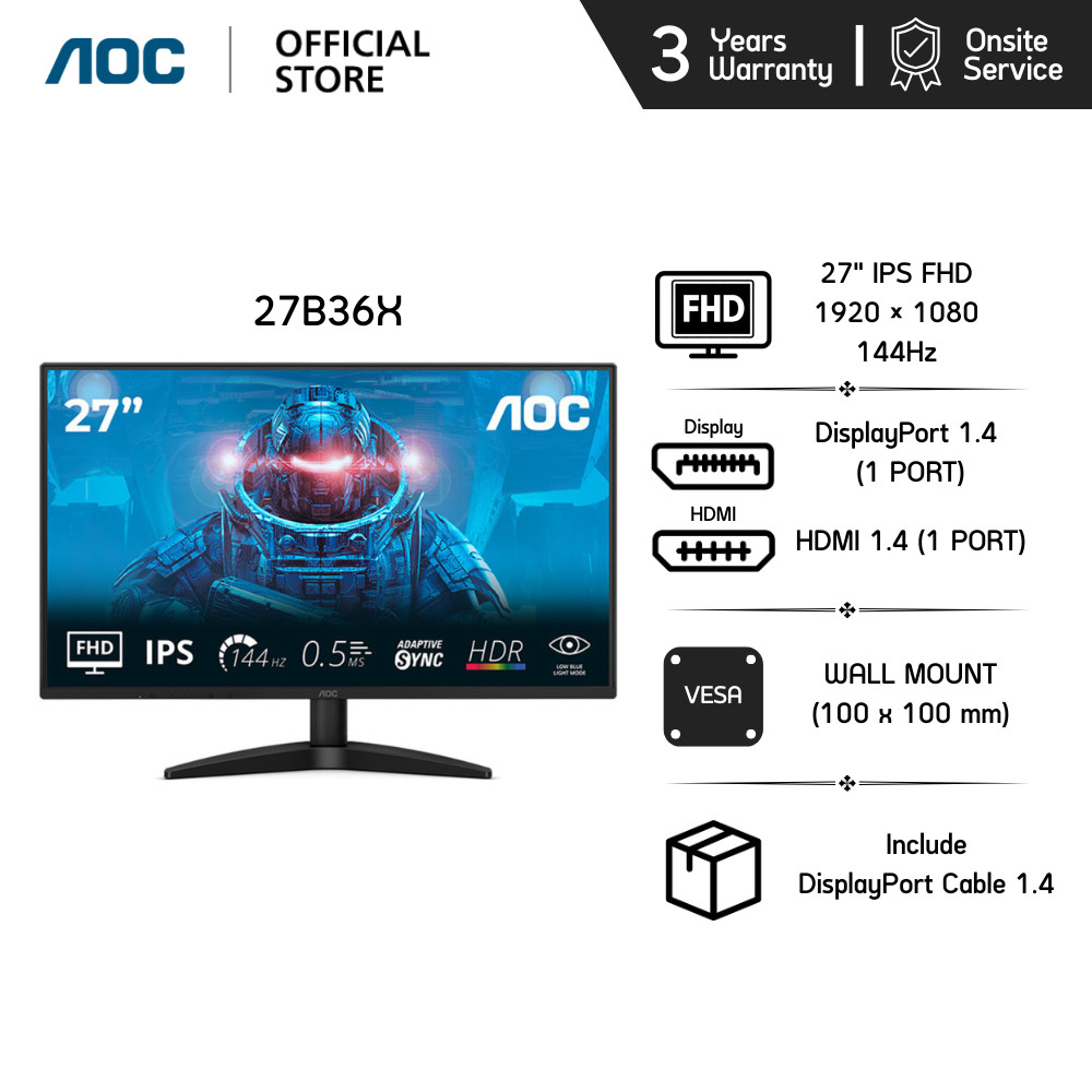 AOC 27B36X / 27B36XE MONITOR (จอมอนิเตอร์) 27" IPS FHD 144Hz 4MS
