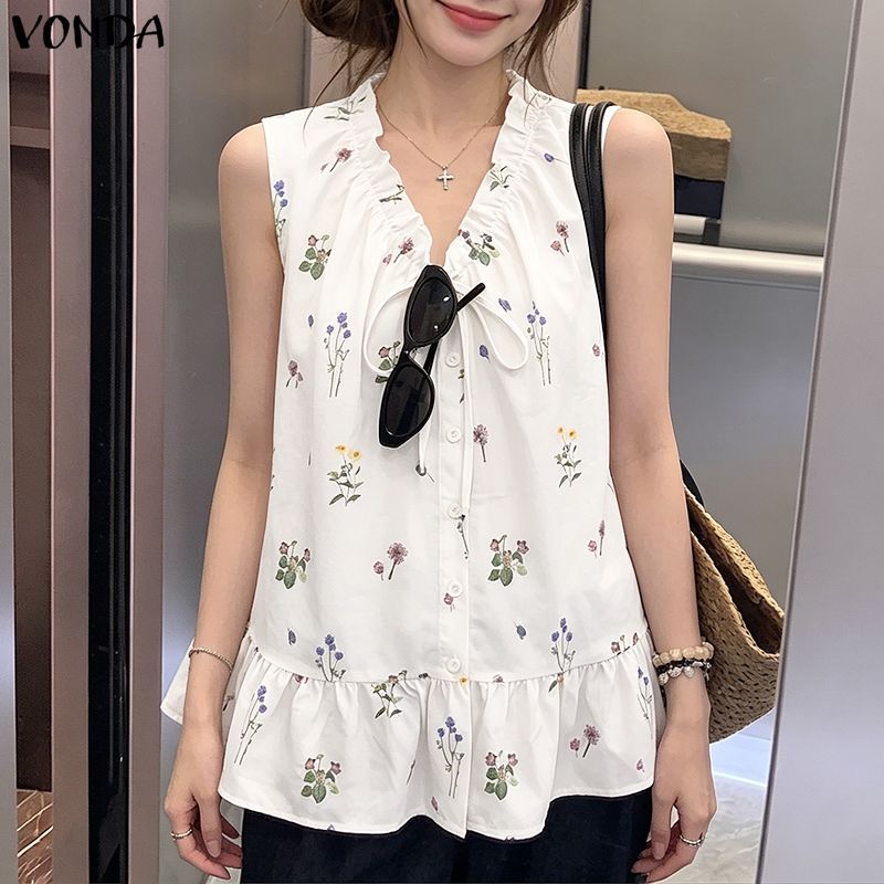 VONDA ผู้หญิงสาวเกาหลีสไตล์ V คอ Tie-Up Bows ดอกไม้พิมพ์ Ruffles Hem A-Line ถัง — صورة 4