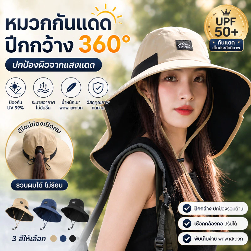 หมวกกันแดดปีกกว้าง มีสายคล้องคอ หมวกเดินป่า ปีนเขา ระบายอากาศดี เหมาะสำหรับกิจกรรมกลางแจ้ง