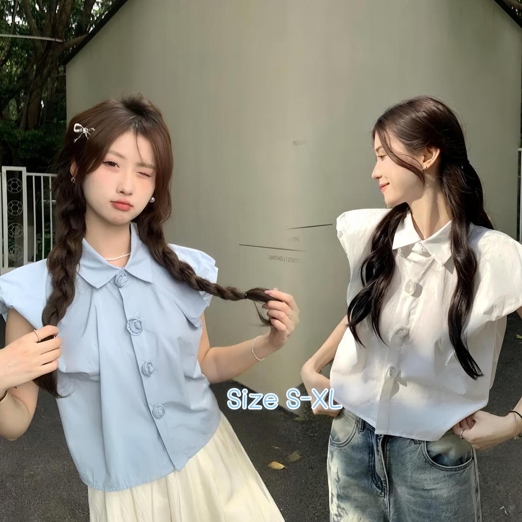 DM W590#เสื้อเชิ้ตแขนกุดพิมพ์ลายตัวนี้มีแขนเสื้อระบายสไตล์ฝรั่งเศส เป็นตัวเลือกที่ทันสมัยสำหรับชุดลำลองฤดูร้อนของผู้หญิง