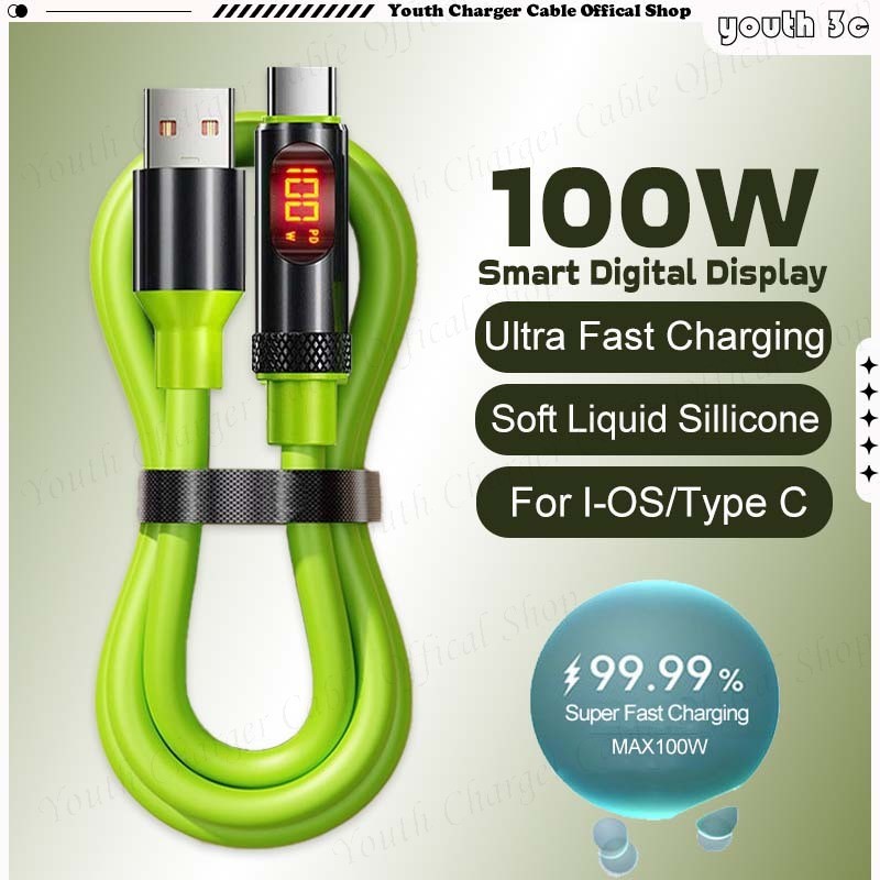 สมาร์ทจอแสดงผลดิจิตอล 100W Ultra Fast Charging Data CABLE USB to Type C สายชาร์จโทรศัพท์สังกะสีอัลลอยด์ซิลิโคนอ่อนนุ่มสายชาร์จสําหรับ I-OS/Type C