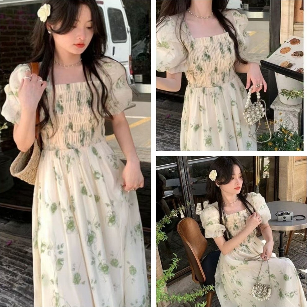 ชุดลายดอกไม้อภิบาลสําหรับผู้หญิง, กระโปรงยาวคอเหลี่ยม, กระโปรงเอวบาง, สไตล์ใหม่,