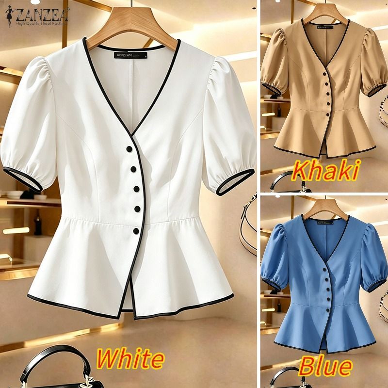 ZANZEA ผู้หญิงเกาหลี Elegant Officewear V คอพัฟแขนปุ่ม Contrast Edge Ruffles Hem เสื้อ — صورة 3