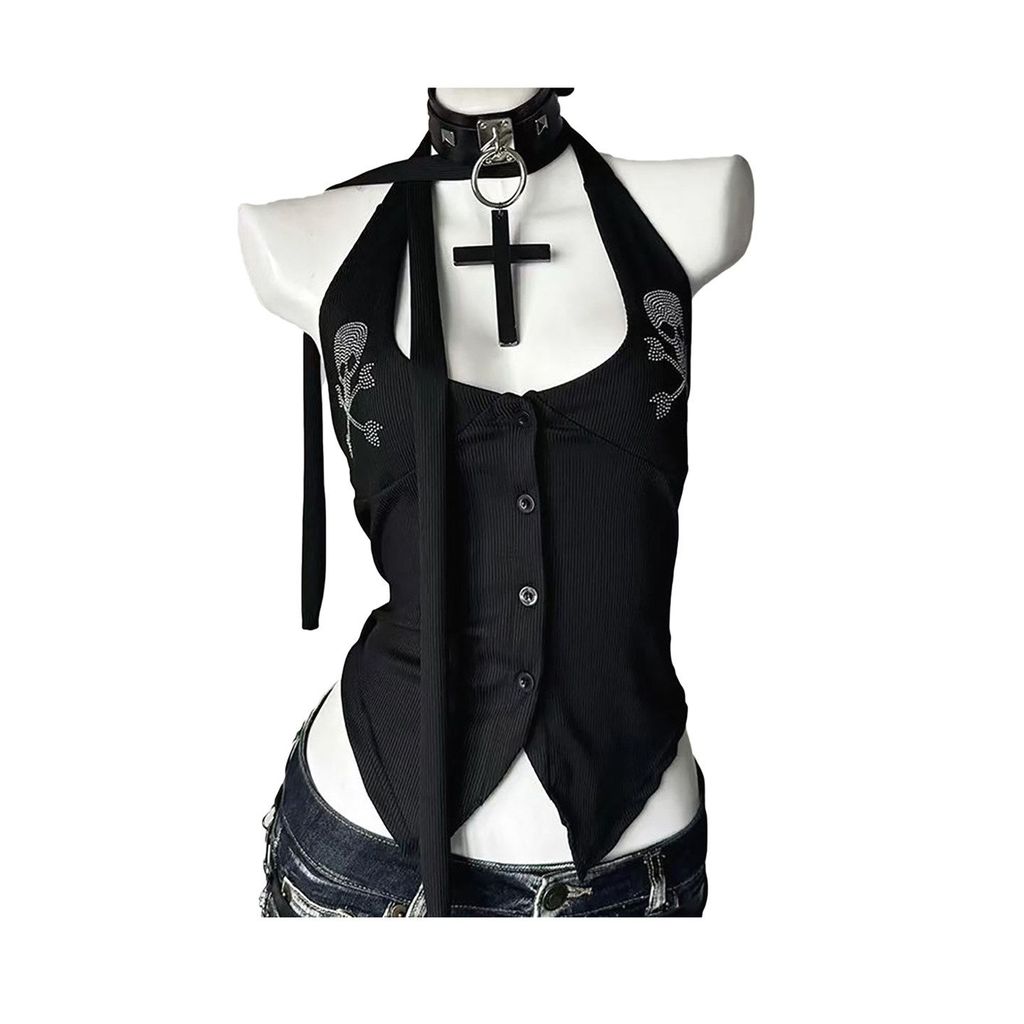 Slim-fit Design เพชรฤดูร้อนสลิงบางคอ Skull สาวร้อน Yahem y2k Halter Top แขวน Ratio เสื้อกั๊กผู้หญิง 