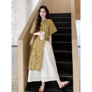 Chili Koko ชุดเซ็ตสายมินิมอล เสื้อยาวลายดอก กางเกงขากว้าง เอวสูง ใส่แล้วผอม ลุคเกาหลี/ญี่ปุ่น เที่ยว/คาเฟ่ 99479