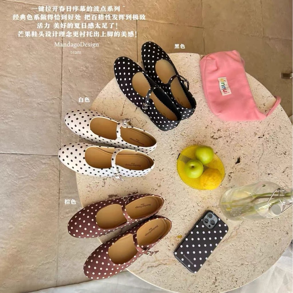 Mango French Gentle Polka Dot Round Toe Flat Shoes All-Match Mary Jane Shoes