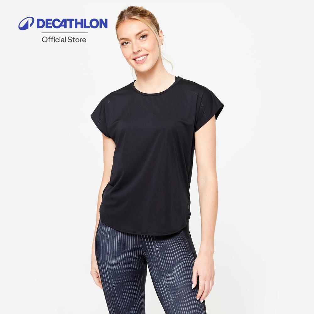 Decathlon Women'S Cardio Training Loose-Fit Laser Cut T-Shirt เสื้อยืดผู้หญิงทรงหลวมสำหรับใส่คาร์ดิโอ - Black