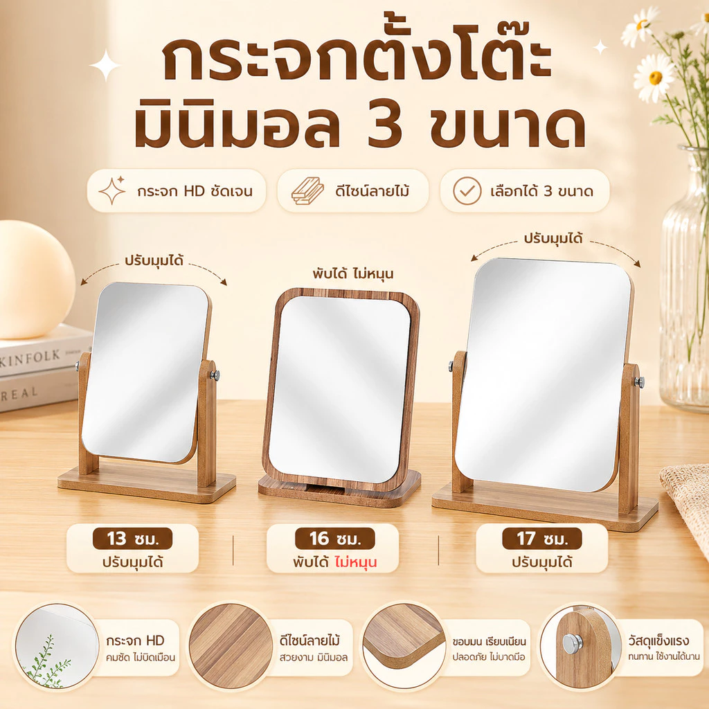 กระจกตั้งโต๊ะ กระจกแต่งหน้า กระจกไม้ HD มินิมอล พับได้/ปรับมุมได้ 3 ขนาด สไตล์เกาหลี แบบพกพา