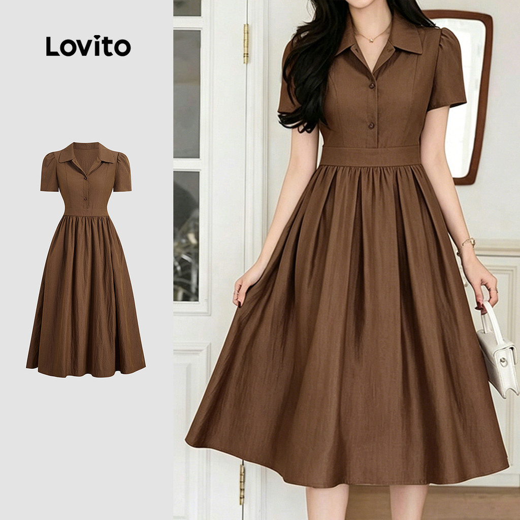 Lovito ชุดเดรสแบบสบาย ๆ ชายจีบมัดย้อมด้วยปุ่ม สีบ brown สำหรับผู้หญิงฤดูใบไม้ผลิ/ฤดูร้อน L243AD1875