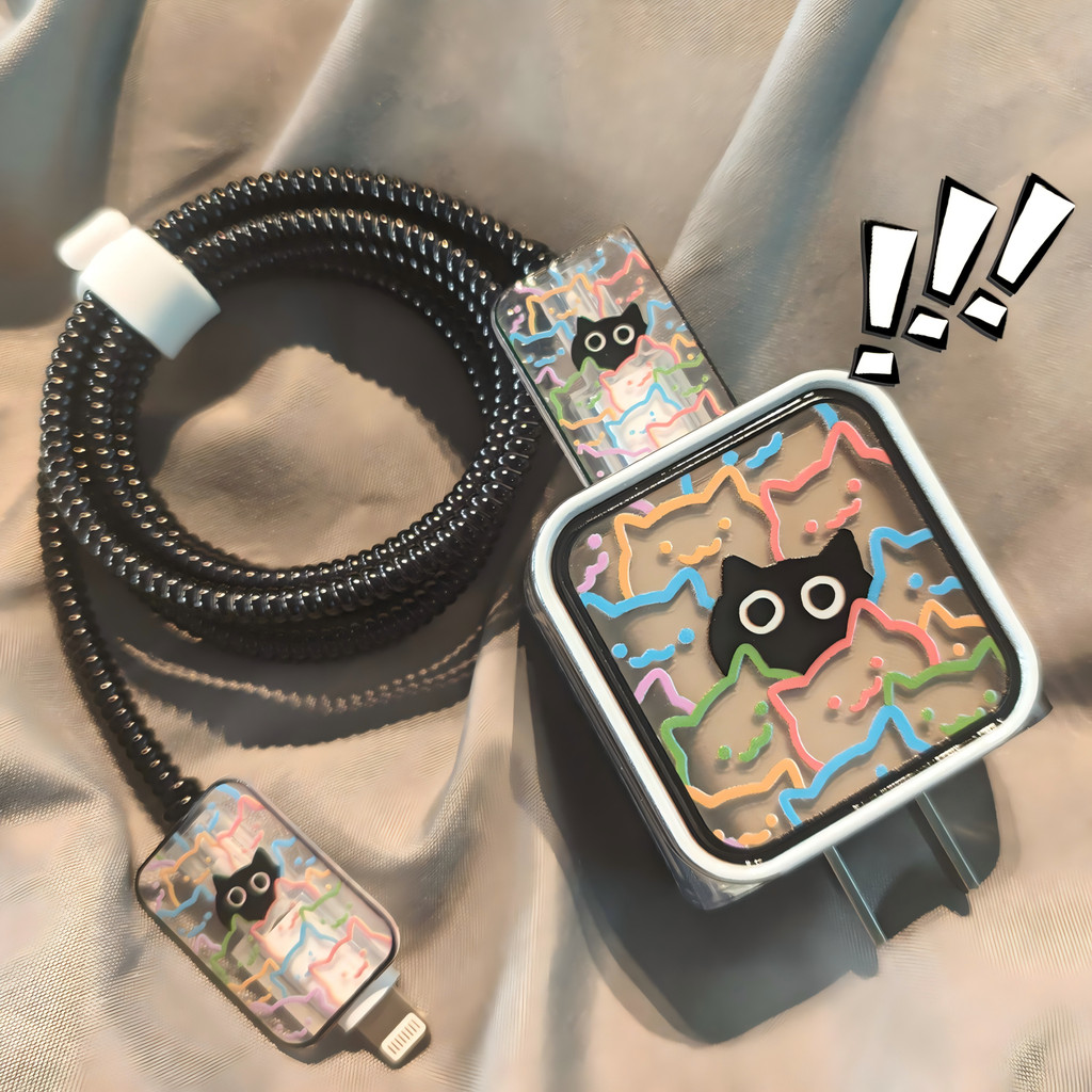 ลูกแมวที่มีสีสัน Graffiti Line รูปแบบ Soft TPU Charger Case Anti-break สายฝาครอบป้องกันกันฝุ่นสายสําหรับ iPhone 18W 20W Charger