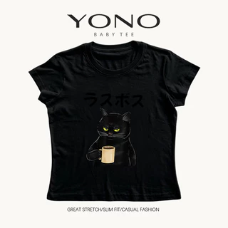 (พร้อมส่ง24ชม.) baby tee สีขาว ลายแมวดำถือแก้วกับตัวอักษรญี่ปุ่น ฟีลคิ้วท์เท่ ทรงเข้ารูป ใส่ชิค